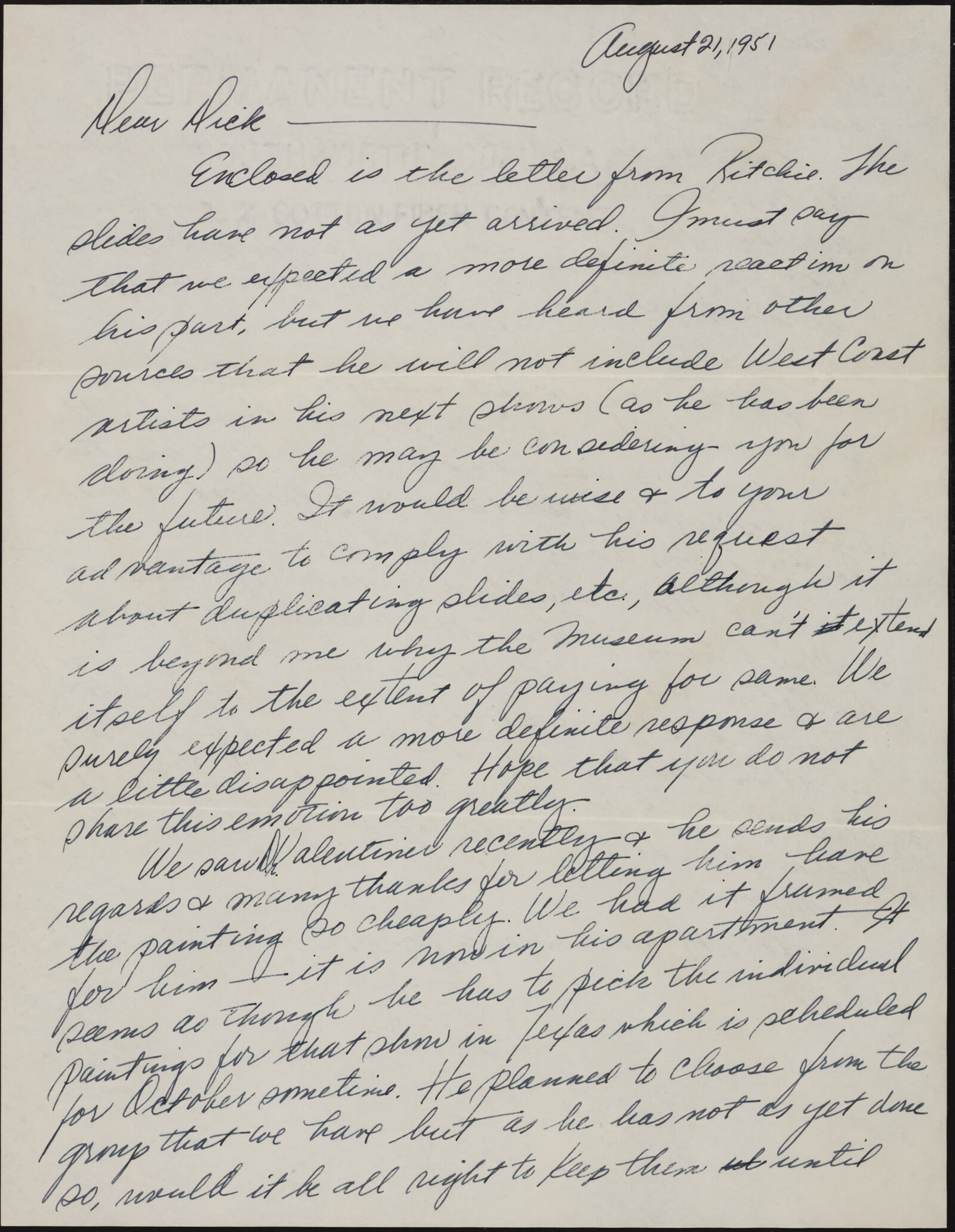 Correspondence from Josephine “Jo” Kantor (later Morris) and Paul Kantor to Richard Diebenkorn