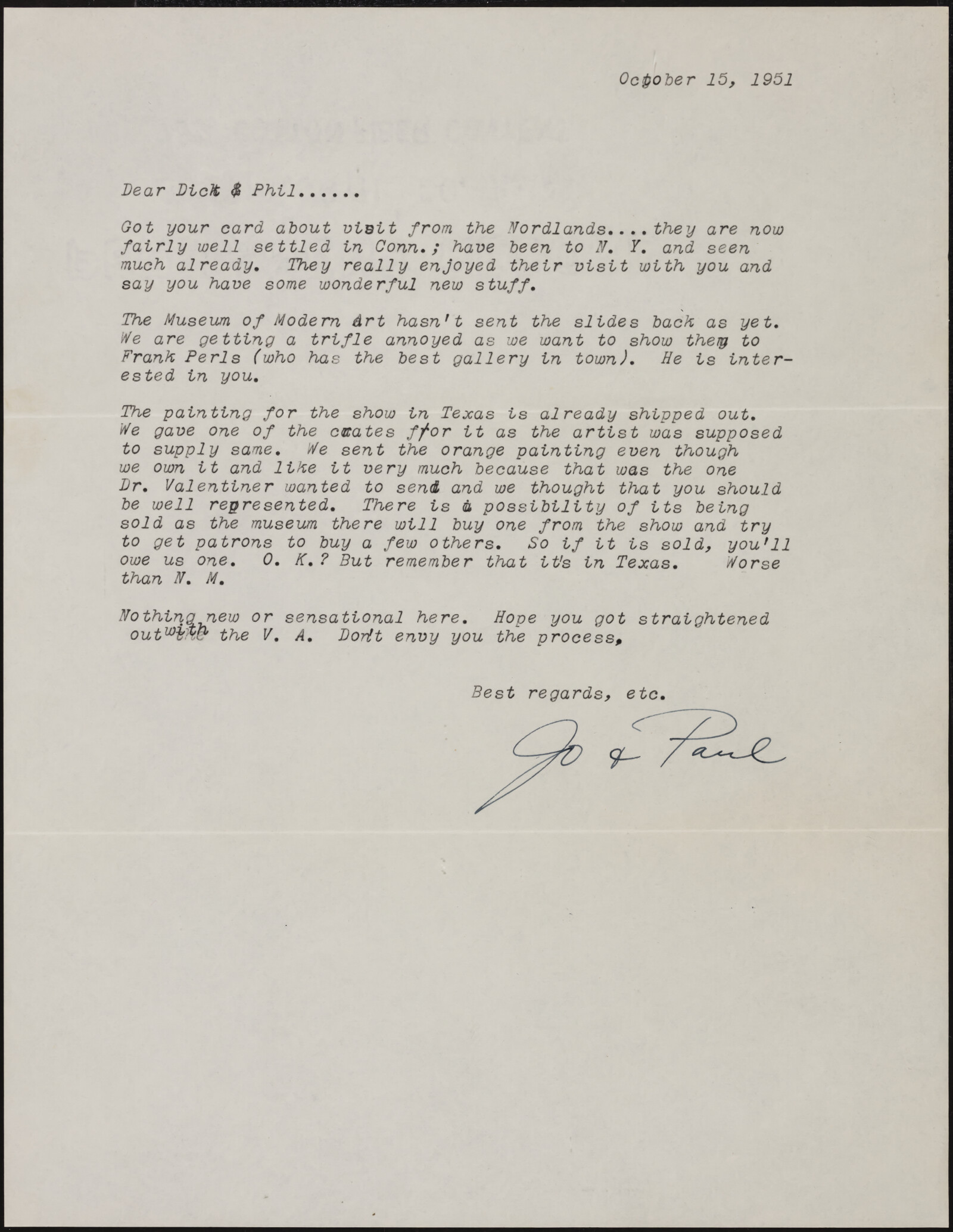 Correspondence from Josephine “Jo” Kantor (later Morris) and Paul Kantor to Richard and Phyllis Diebenkorn