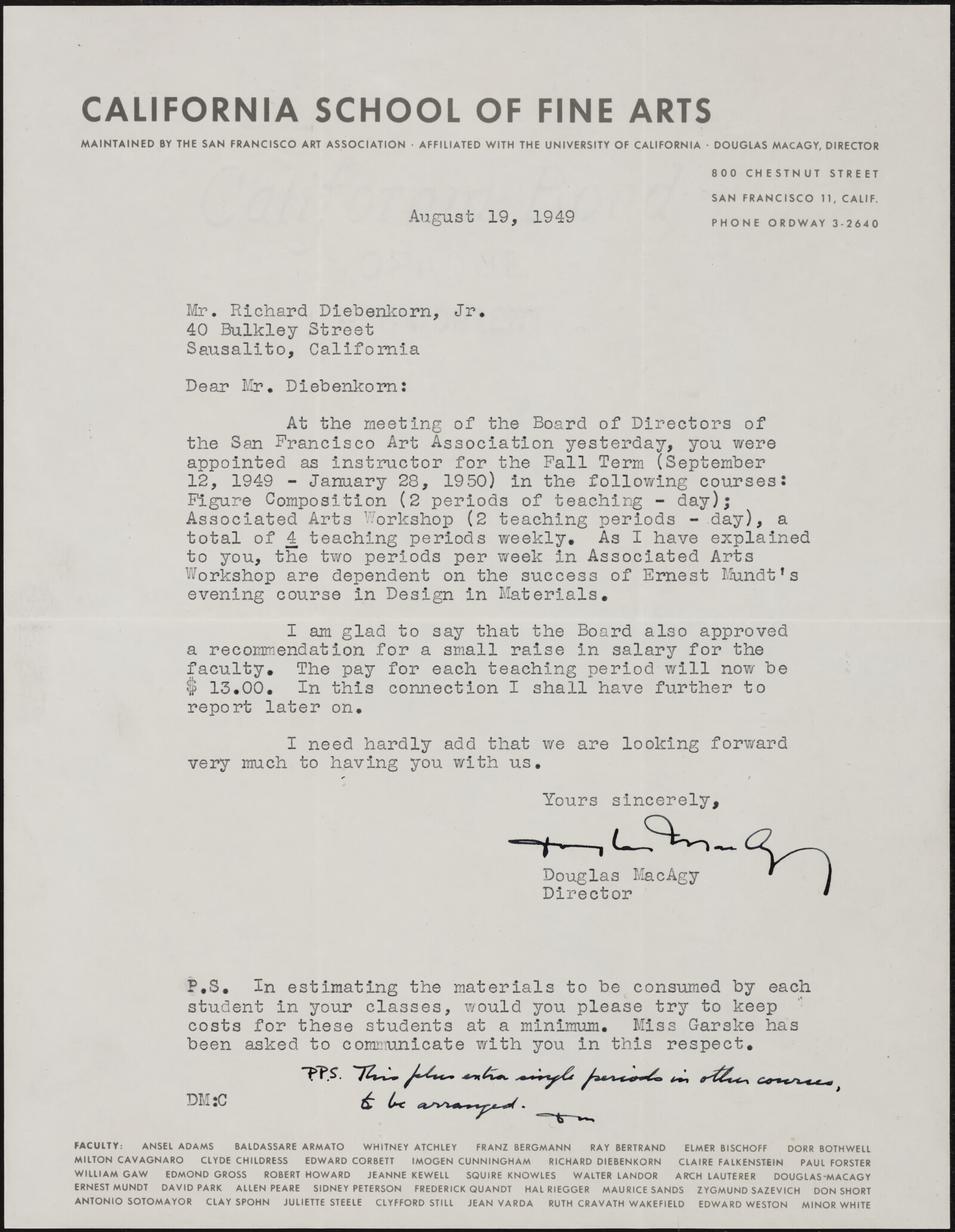 San Francisco Art Association. California School of Fine Arts. Bender Grant. Douglas MacAgy. Monroe Deutsch. 1946-1949