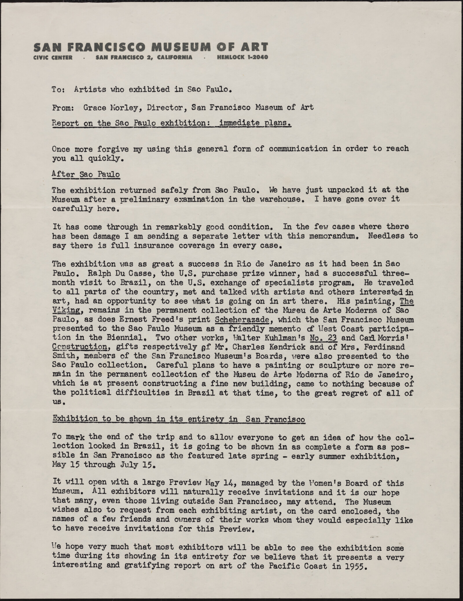 San Francisco Museum of Art. Johnston, Crapsey, Humphrey, Kong, Baker, Morley. 1952-1956