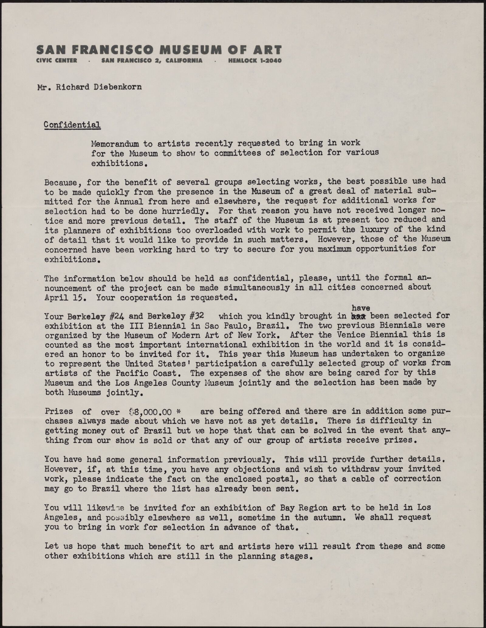 San Francisco Museum of Art. Johnston, Crapsey, Humphrey, Kong, Baker, Morley. 1952-1956