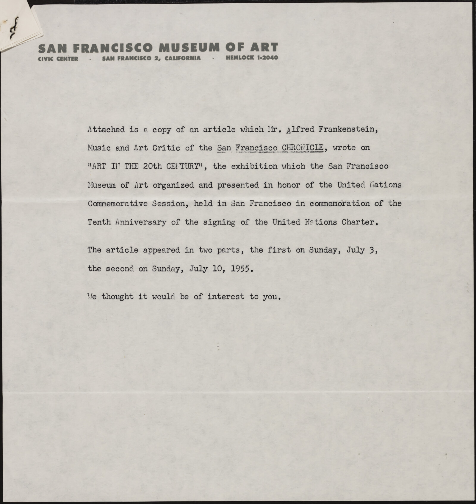 San Francisco Museum of Art. Johnston, Crapsey, Humphrey, Kong, Baker, Morley. 1952-1956