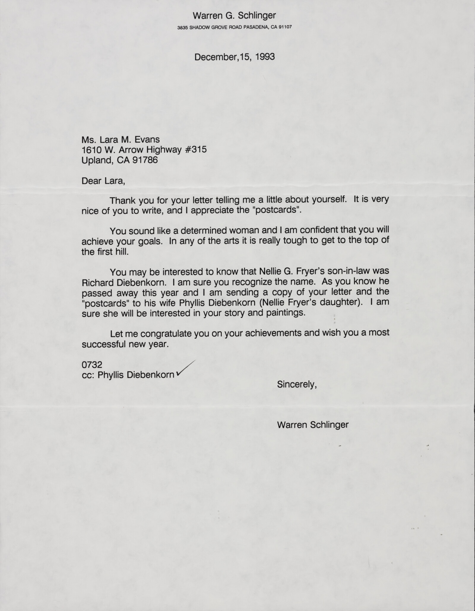 Warren SCHLINGER, Nellie Gilman FRYER scholarship at Scripps College, 1993-1994