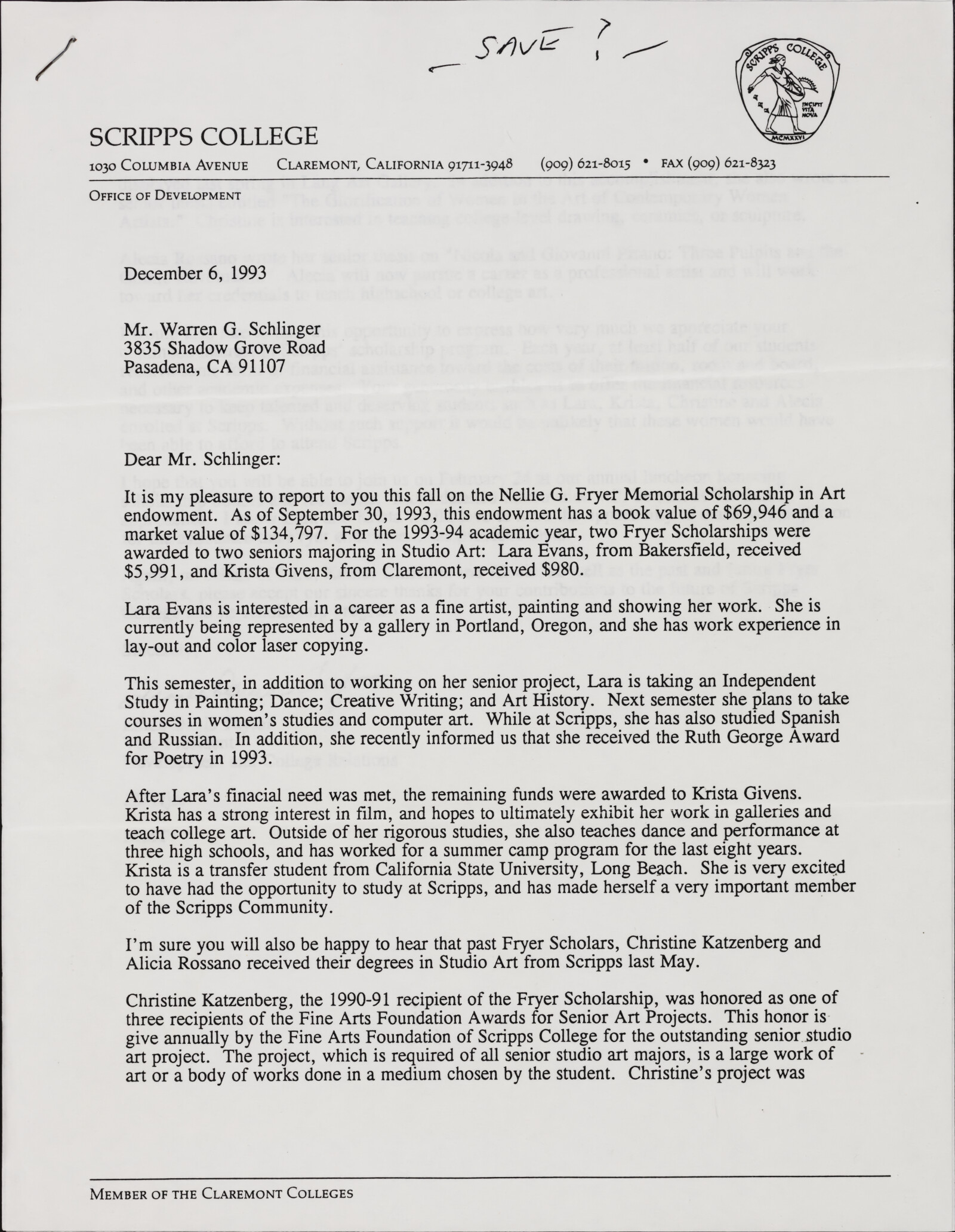Warren SCHLINGER, Nellie Gilman FRYER scholarship at Scripps College, 1993-1994
