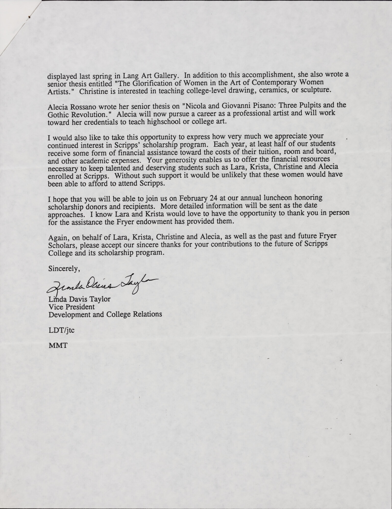 Warren SCHLINGER, Nellie Gilman FRYER scholarship at Scripps College, 1993-1994