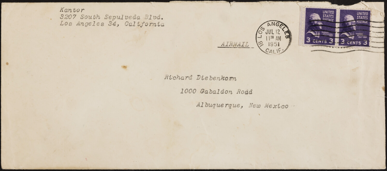 Correspondence from Josephine “Jo” Kantor (later Morris) and Paul Kantor to Richard Diebenkorn