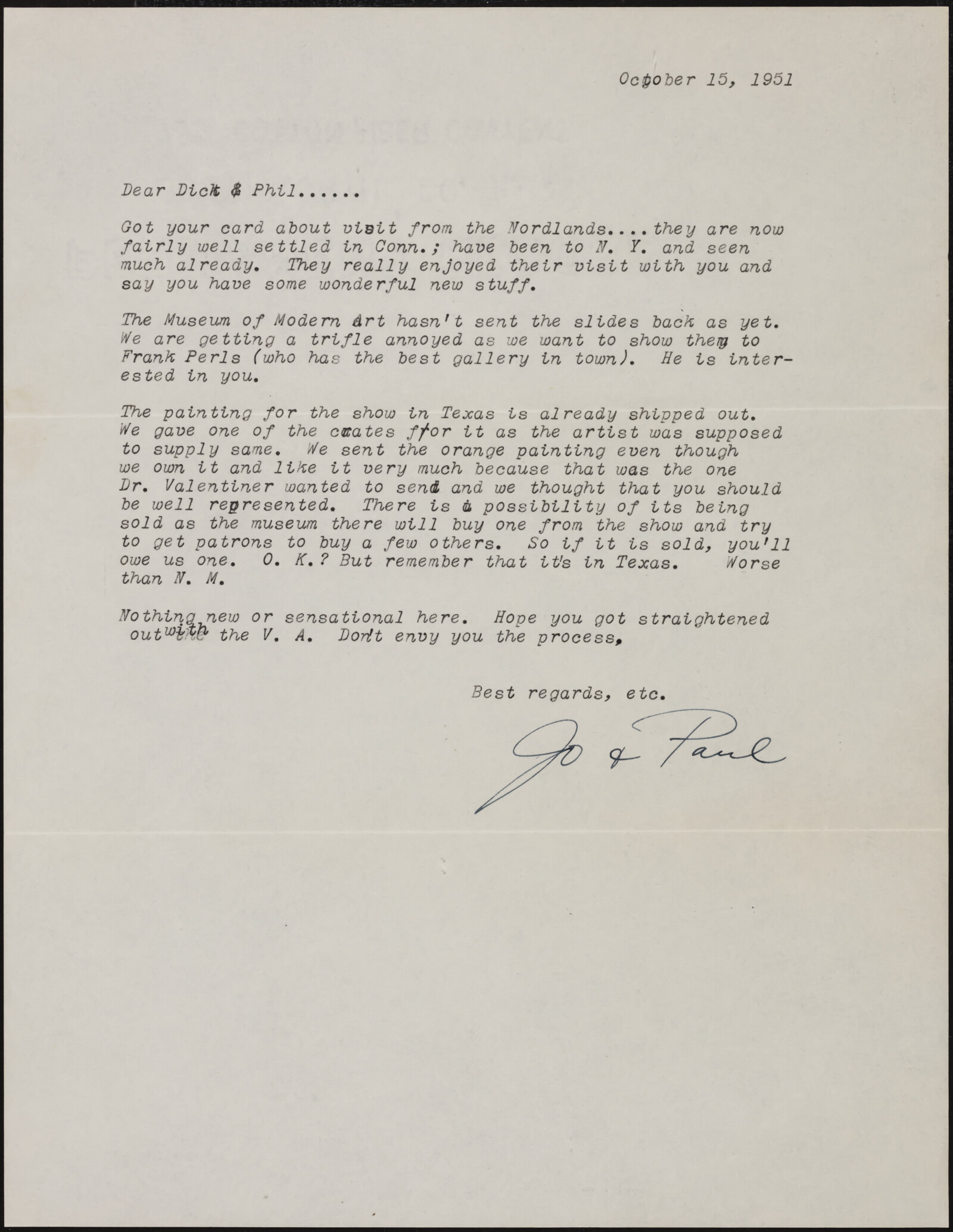 Correspondence from Josephine “Jo” Kantor (later Morris) and Paul Kantor to Richard and Phyllis Diebenkorn