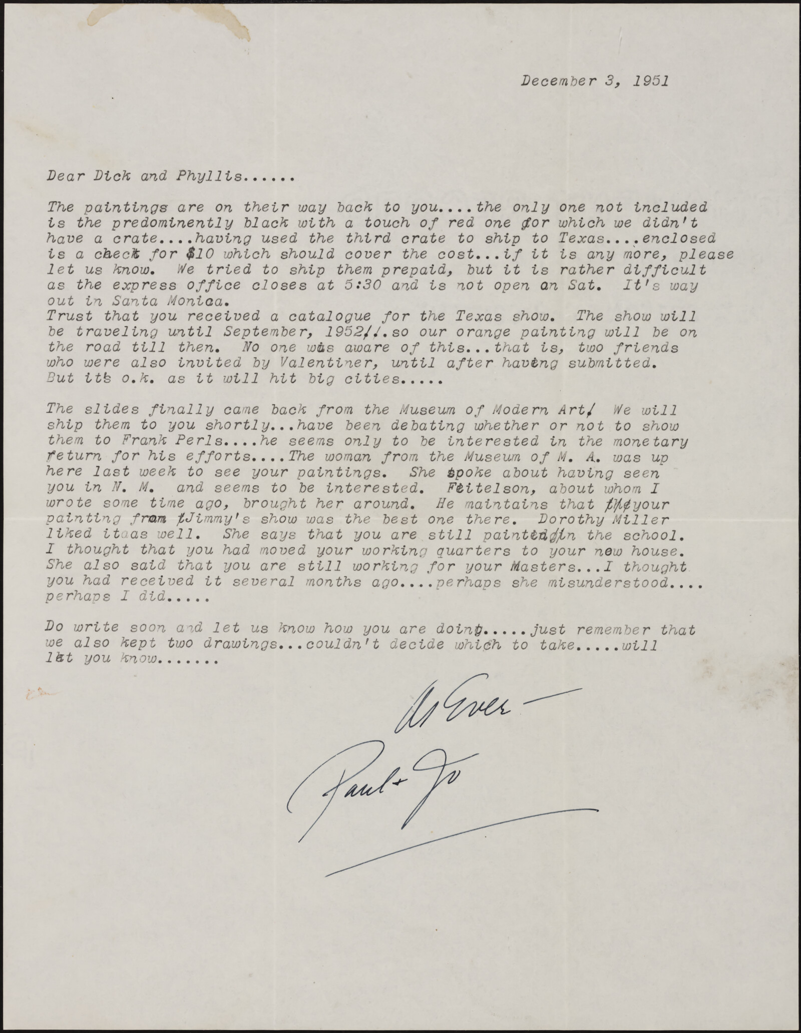 Correspondence from Josephine “Jo” Kantor (later Morris) and Paul Kantor to Richard and Phyllis Diebenkorn