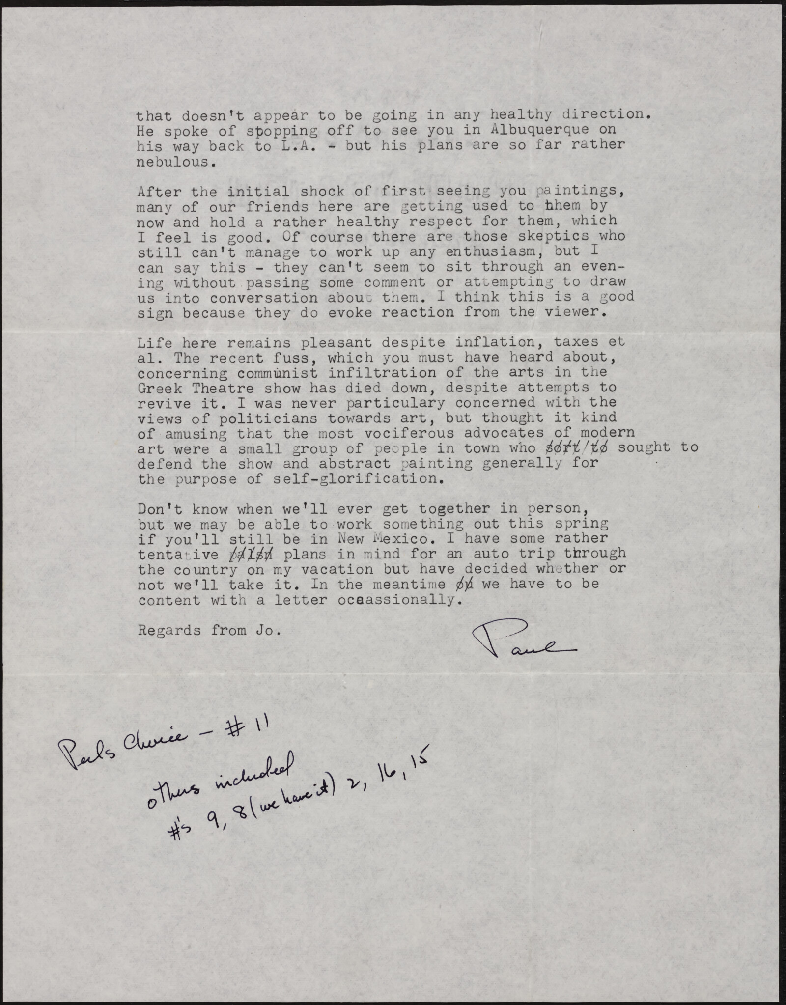 Correspondence from Paul Kantor to Richard and Phyllis Diebenkorn