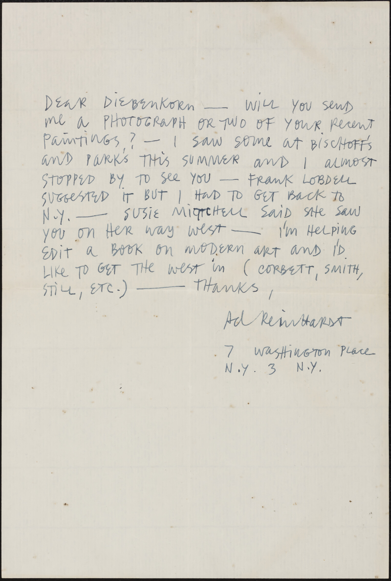 Correspondence from Ad Reinhardt to Richard Diebenkorn