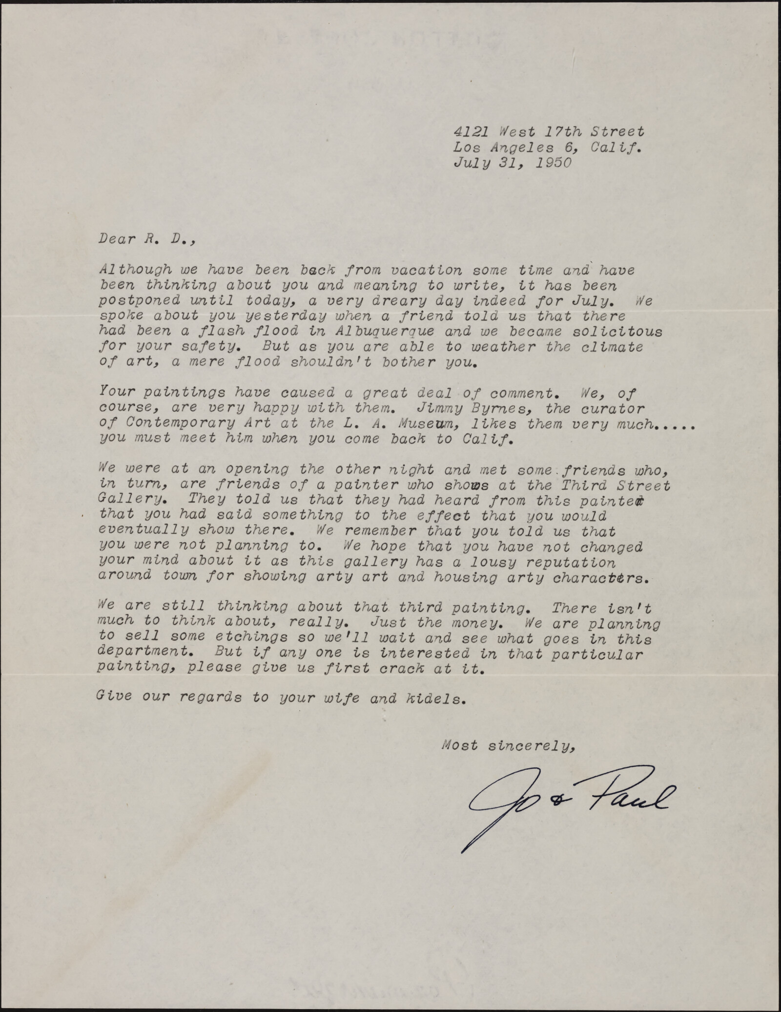 Correspondence from Josephine "Jo" Kantor (later Morris) and Paul Kantor to Richard Diebenkorn