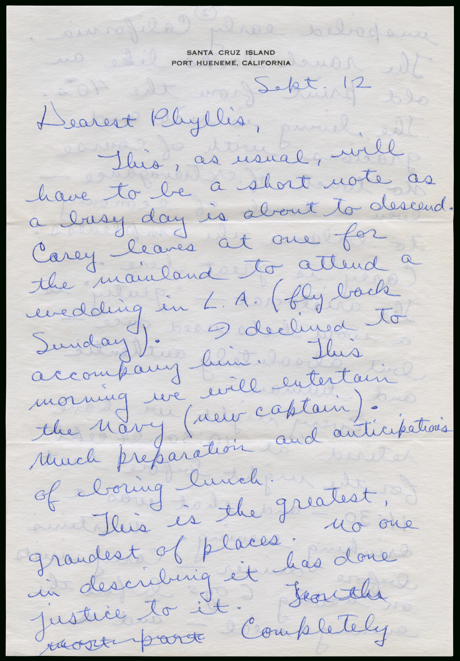 Correspondence from Richard Diebenkorn to Phyllis Diebenkorn