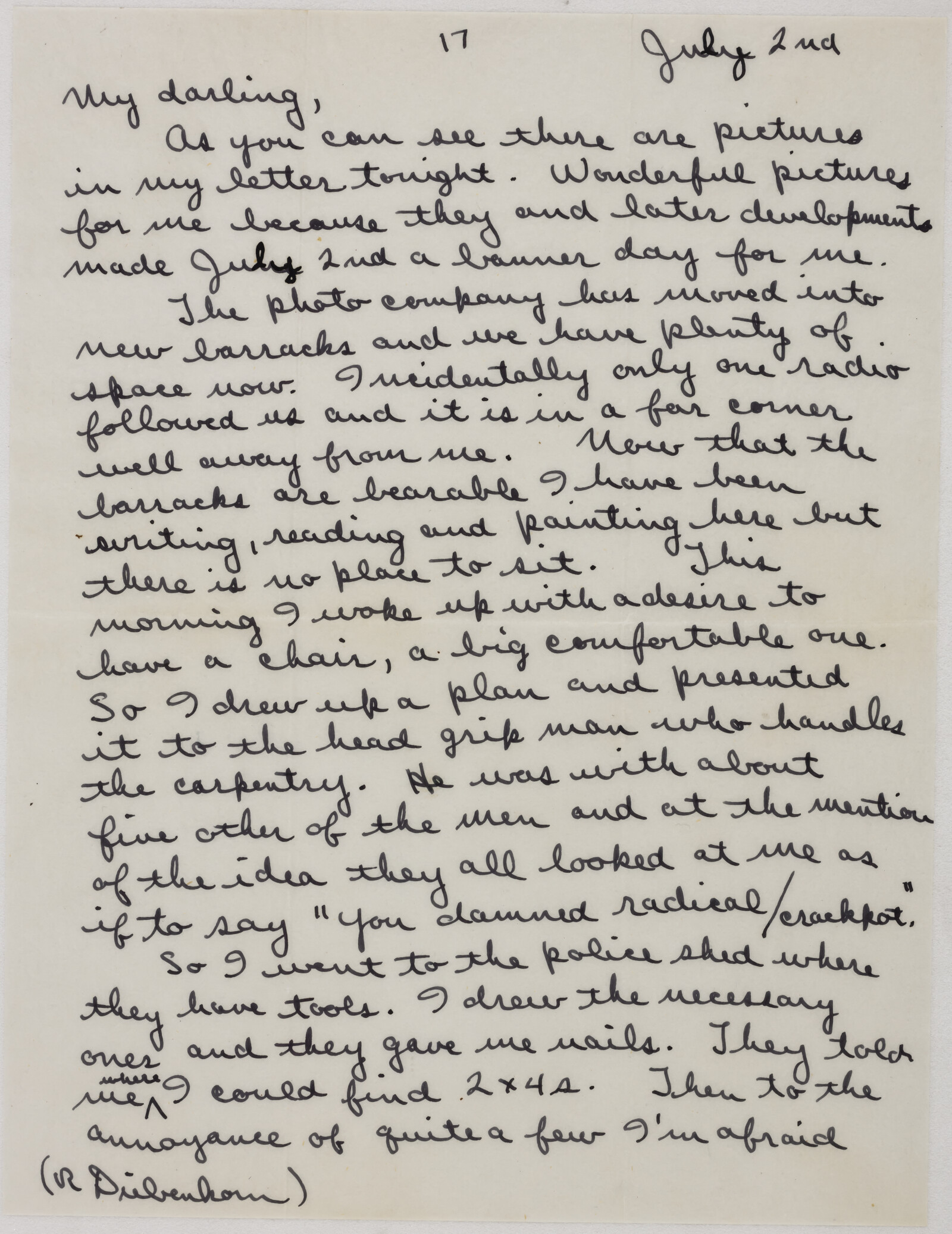 Correspondence from Richard Diebenkorn to Phyllis Diebenkorn