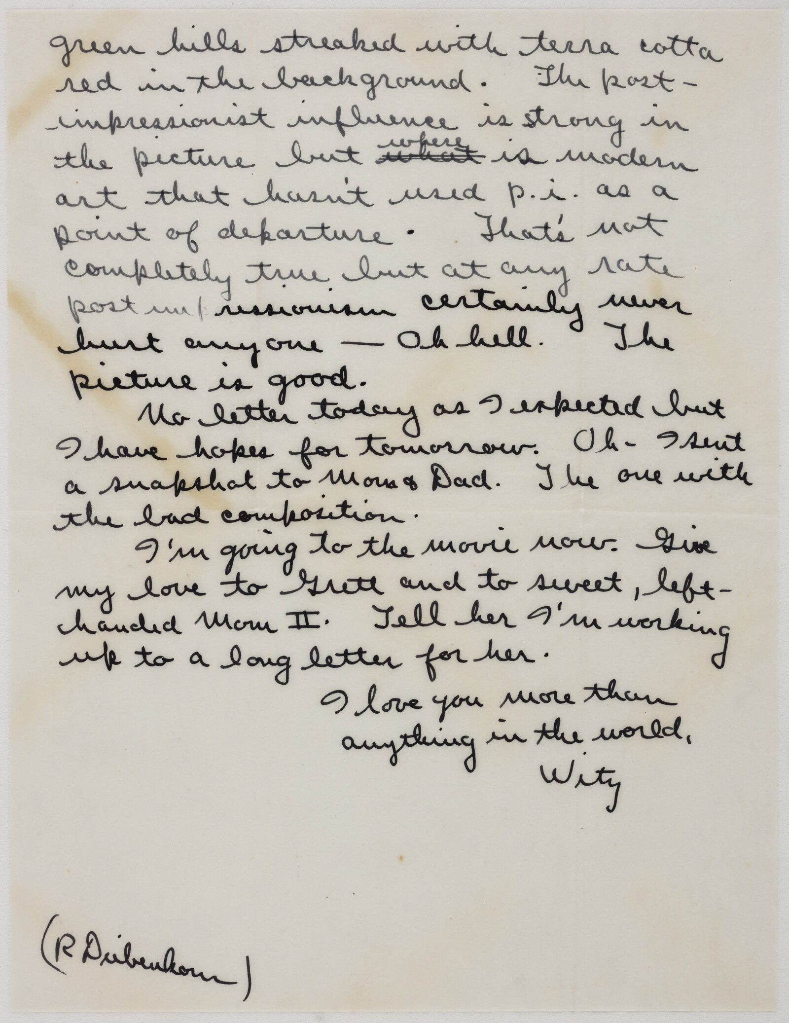 Correspondence from Richard Diebenkorn to Phyllis Diebenkorn