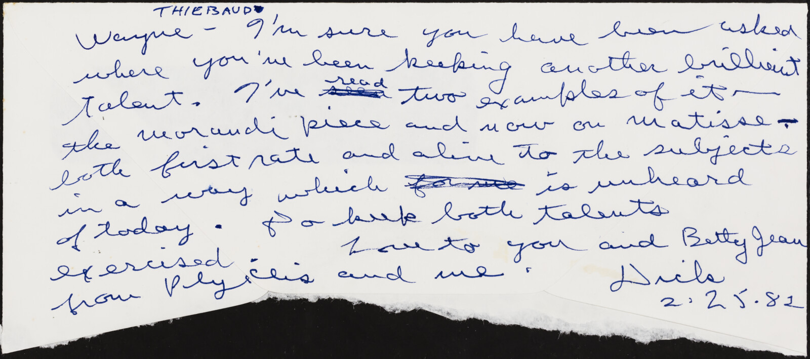 Correspondence from Richard Diebenkorn to Wayne Thiebaud