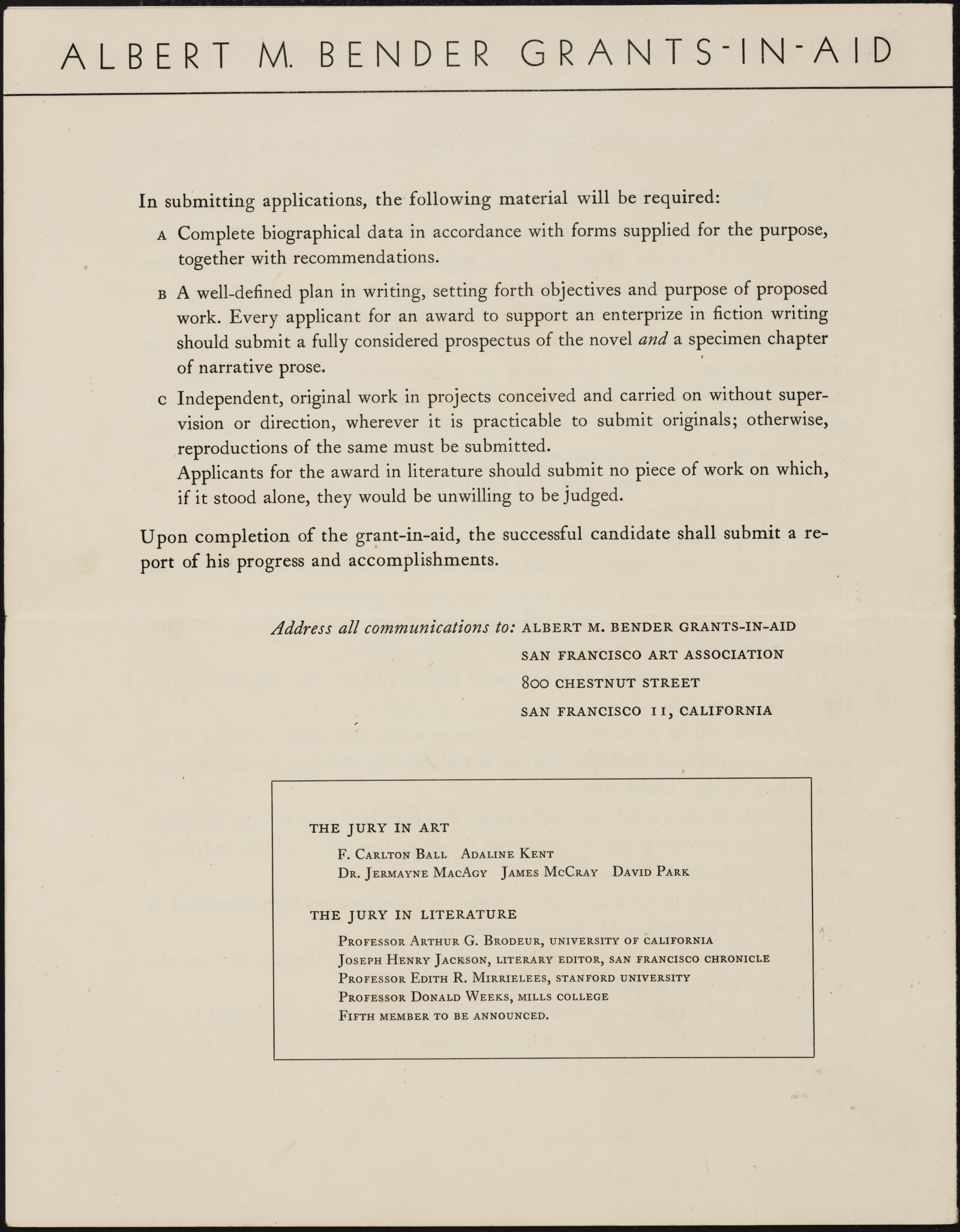 San Francisco Art Association. California School of Fine Arts. Bender Grant. Douglas MacAgy. Monroe Deutsch. 1946-1949